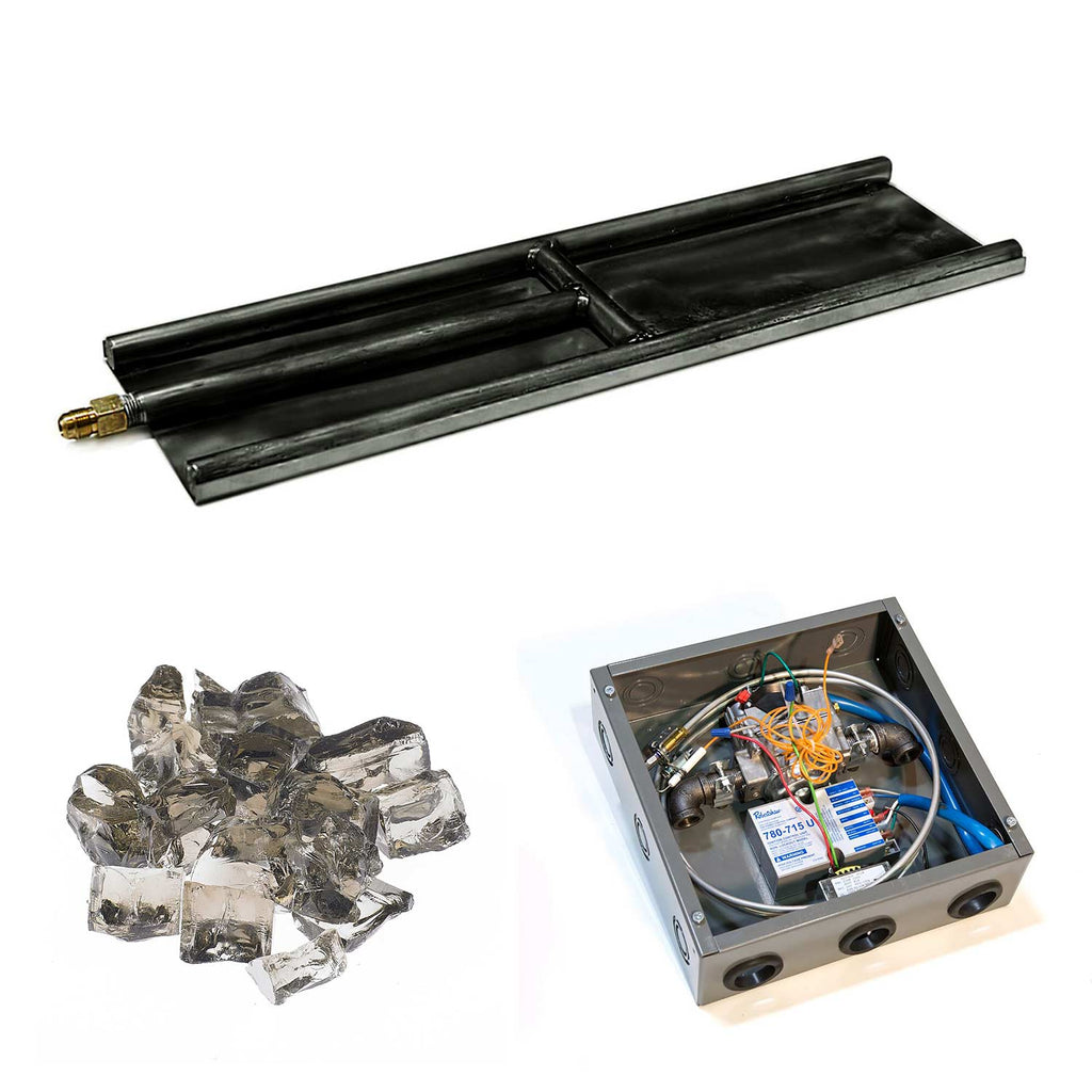 Indoor glass burner kit with black base, vester black glass media and open electronic unit