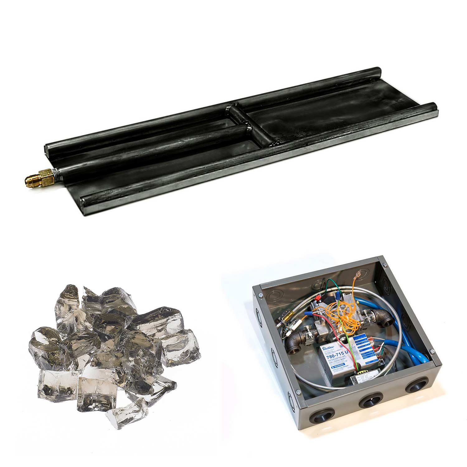 Indoor glass burner kit with black base, vester black glass media and open electronic unit