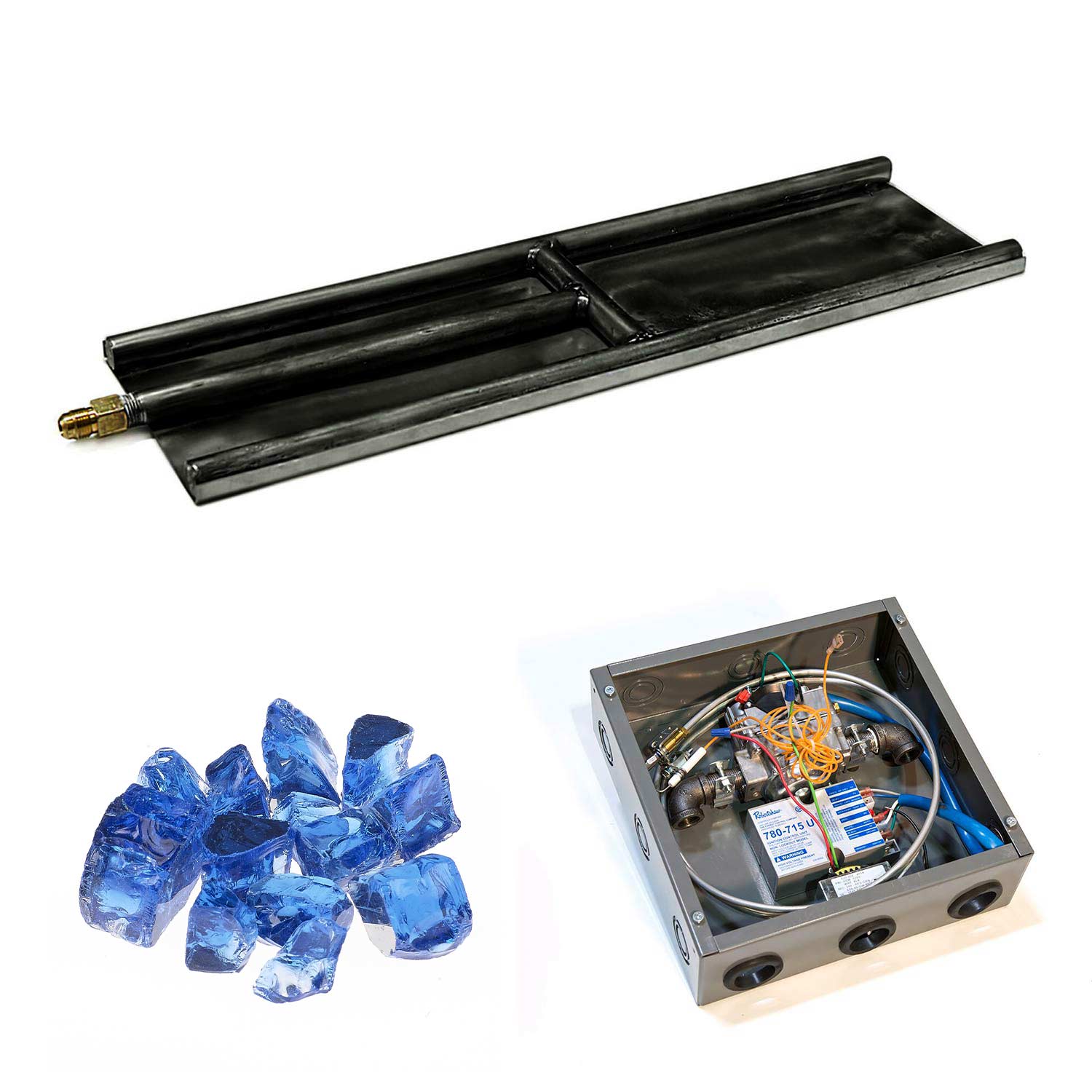 Black indoor glass burner with blue glass media and open burner unit with wiring