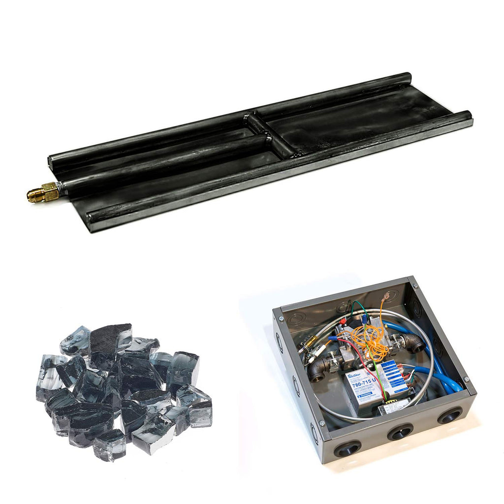Indoor glass burner kit with black metal burner, blue glass media, and burner base with wiring