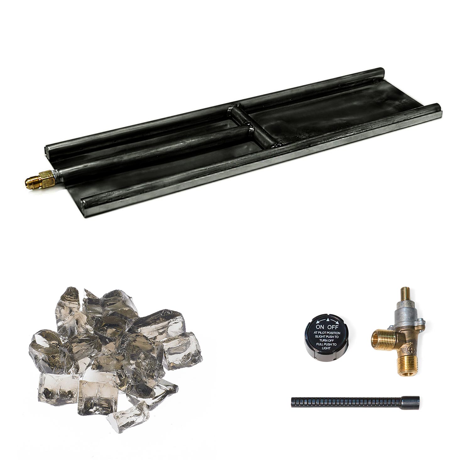 Grand Canyon indoor glass burner kit with black burner tray, clear media, and on/off switch