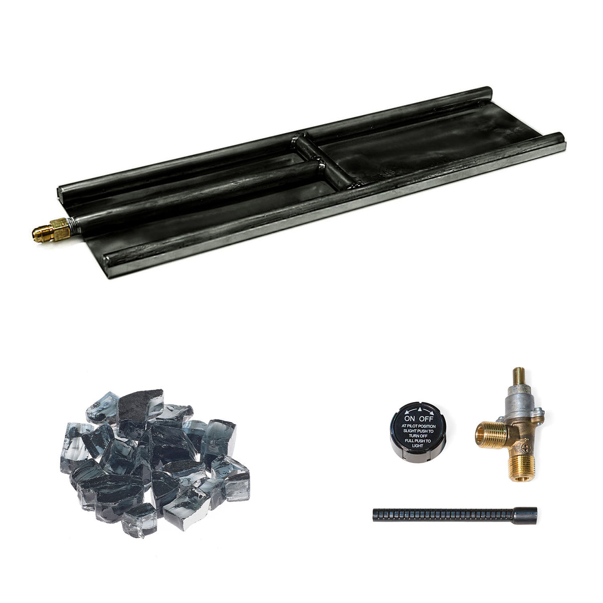 Indoor glass burner unit with black metal burner and blue glass media pieces, switch and valve