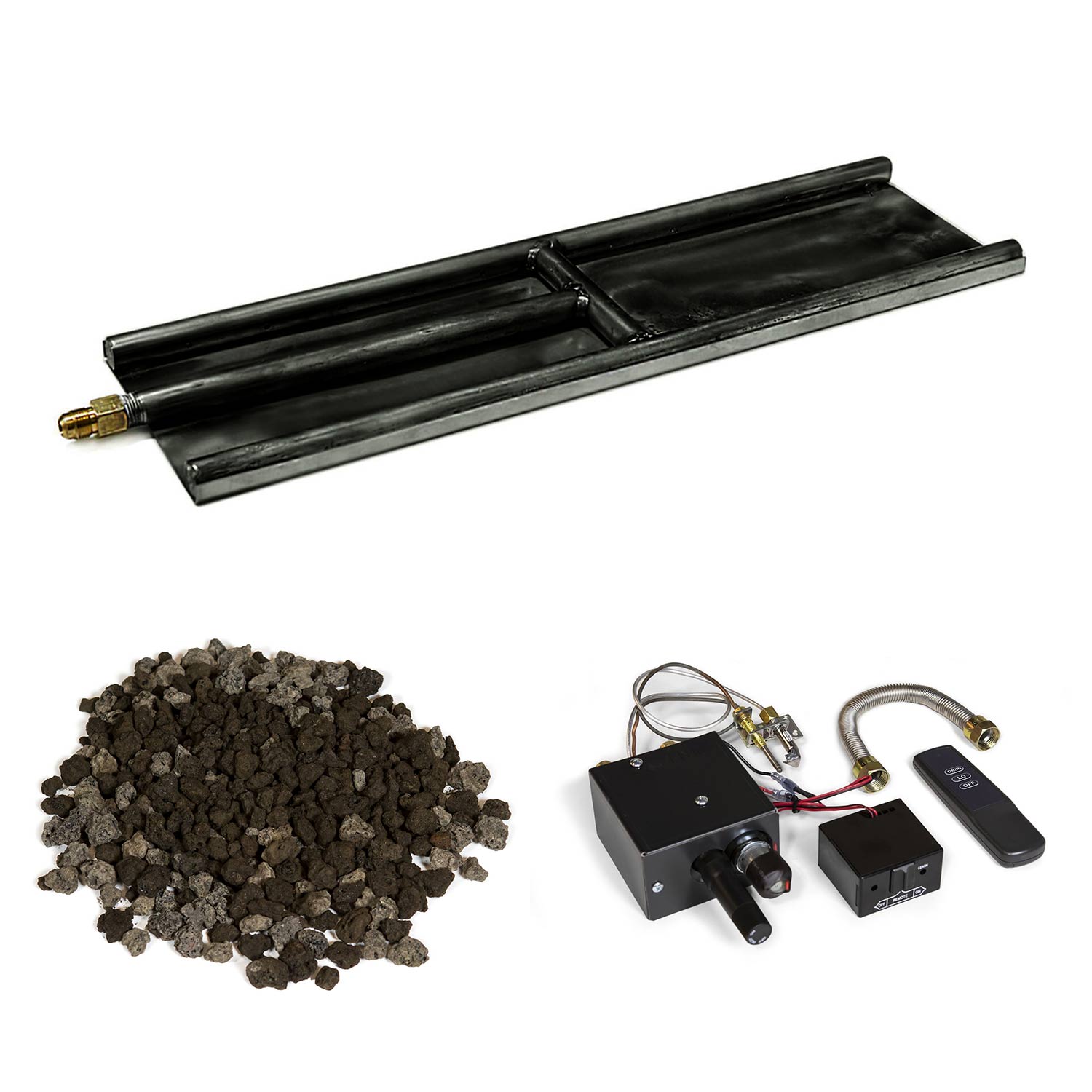 Indoor glass burner kit with black base, lava granules media and electronic control modules