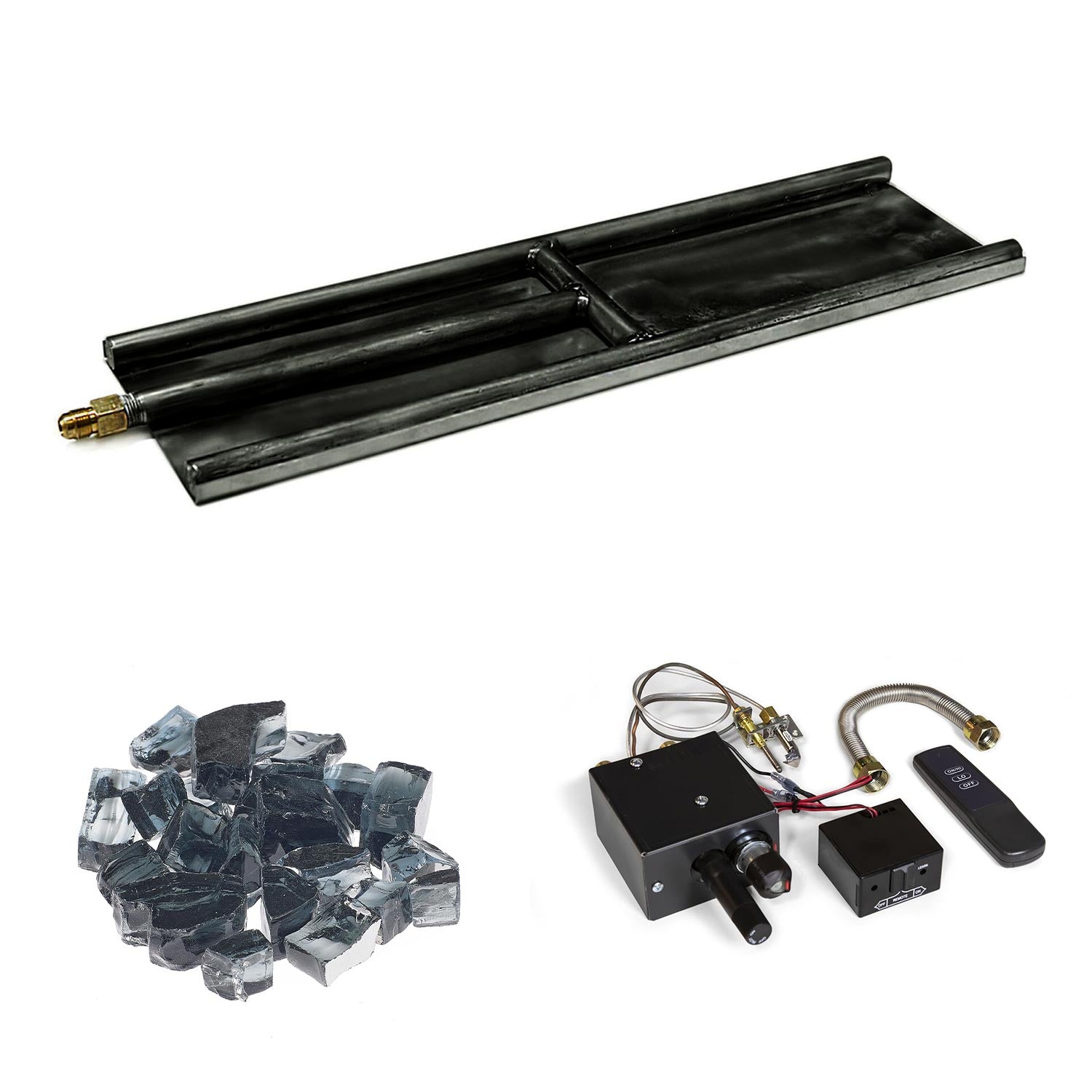 Indoor glass burner kit with black metal burner, blue glass media, and control module with wires
