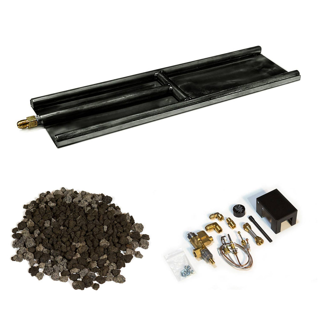 Indoor glass burner kit with black base, lava granules media and accessory parts