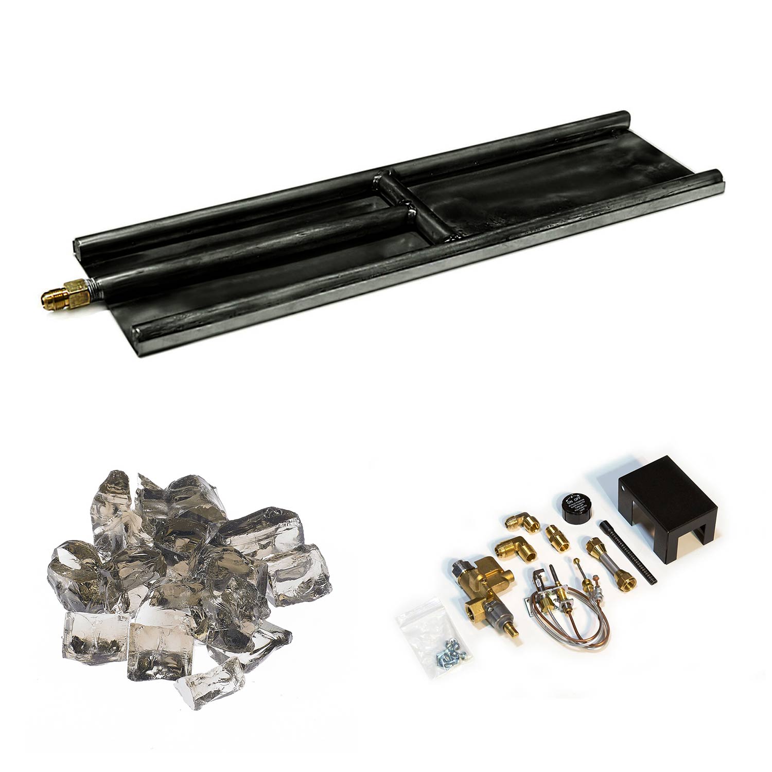 Indoor glass burner kit with black base, vester black glass media and accessory parts