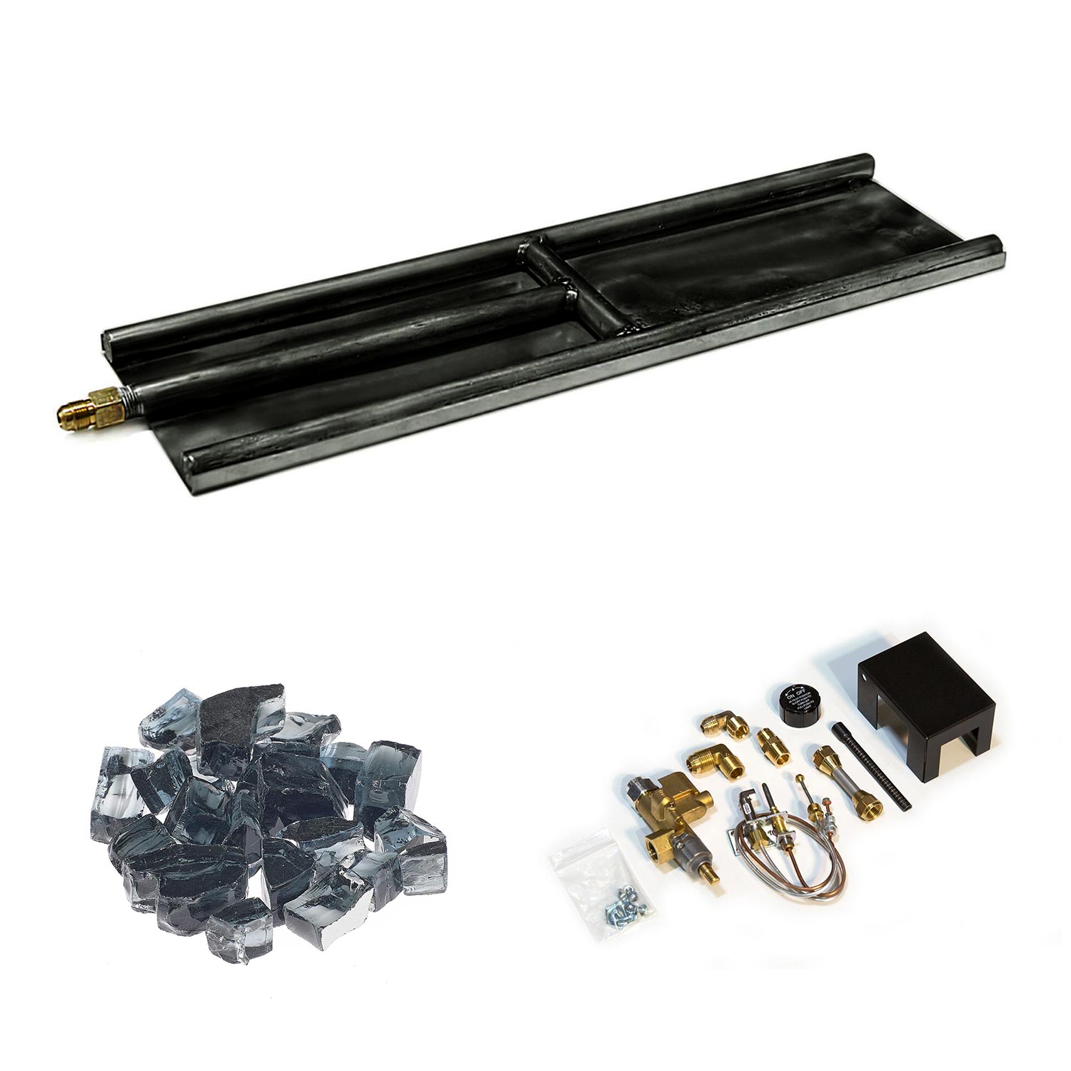 Grand Canyon indoor glass burner kit with black burner tray and clear glass media