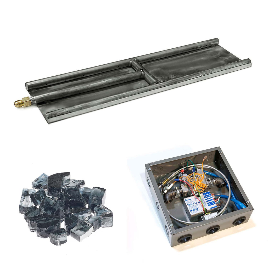Stainless steel H-style glass burner with dark blue glass media and exposed control wiring box