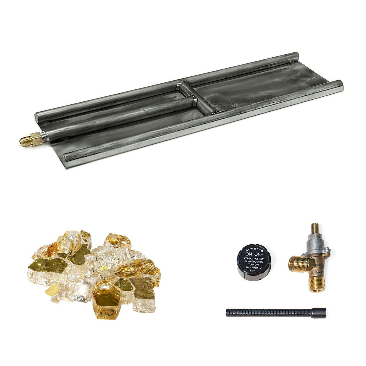 Stainless steel H-style glass burner with amber glass media pieces and burner parts
