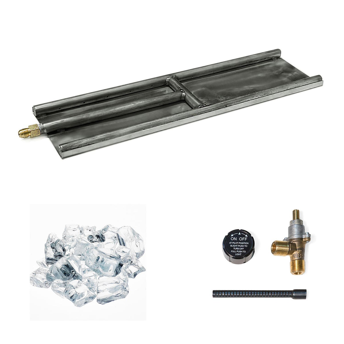 Stainless steel H-style glass burner with clear glass media and brass gas connector