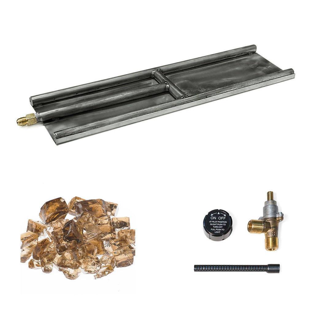 Stainless steel H-style glass burner with brown glass media and brass valve with igniter