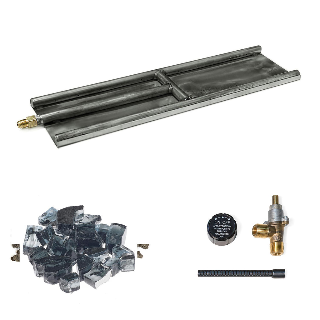 Stainless steel H-style glass burner with dark blue glass media and brass valve with igniter