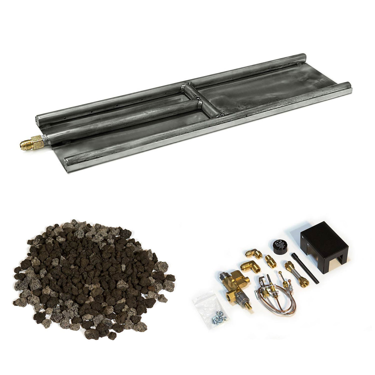 Stainless steel H-style glass burner kit with dark lava granules and burner parts