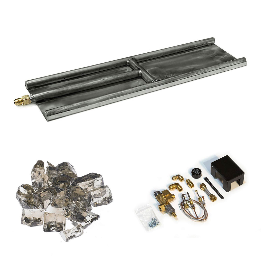 Stainless steel H-style glass burner with clear glass media pieces and burner assembly