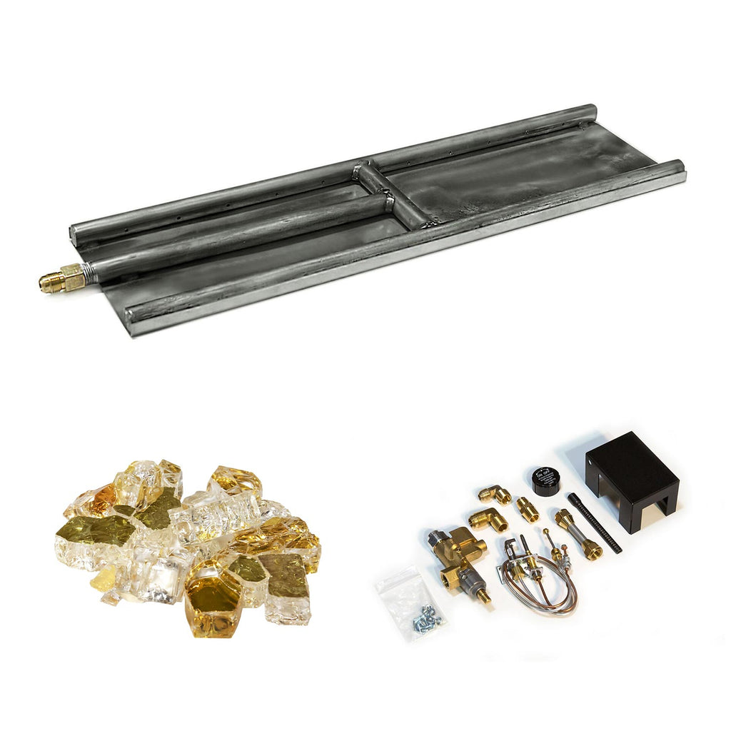 Stainless steel H-style glass burner with amber and clear glass media and burner parts