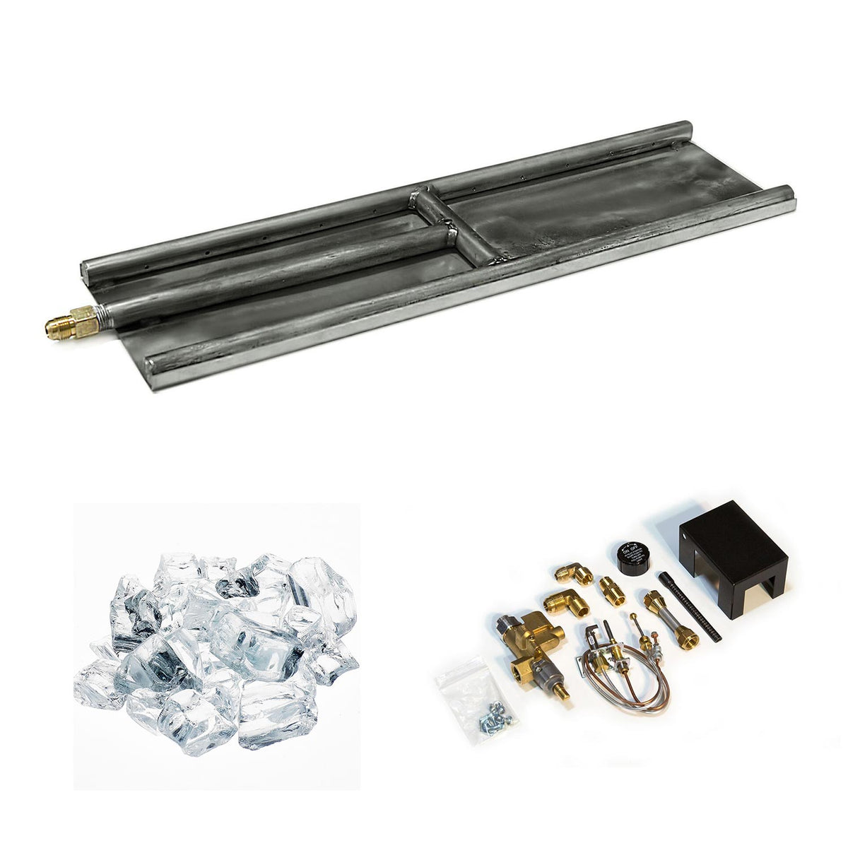 Stainless steel H-style glass burner with clear glass media and brass burner components