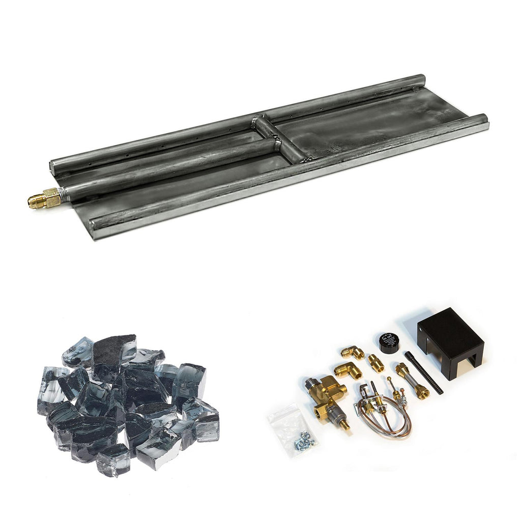 Stainless steel H-style glass burner with dark blue glass media and brass components plus control module