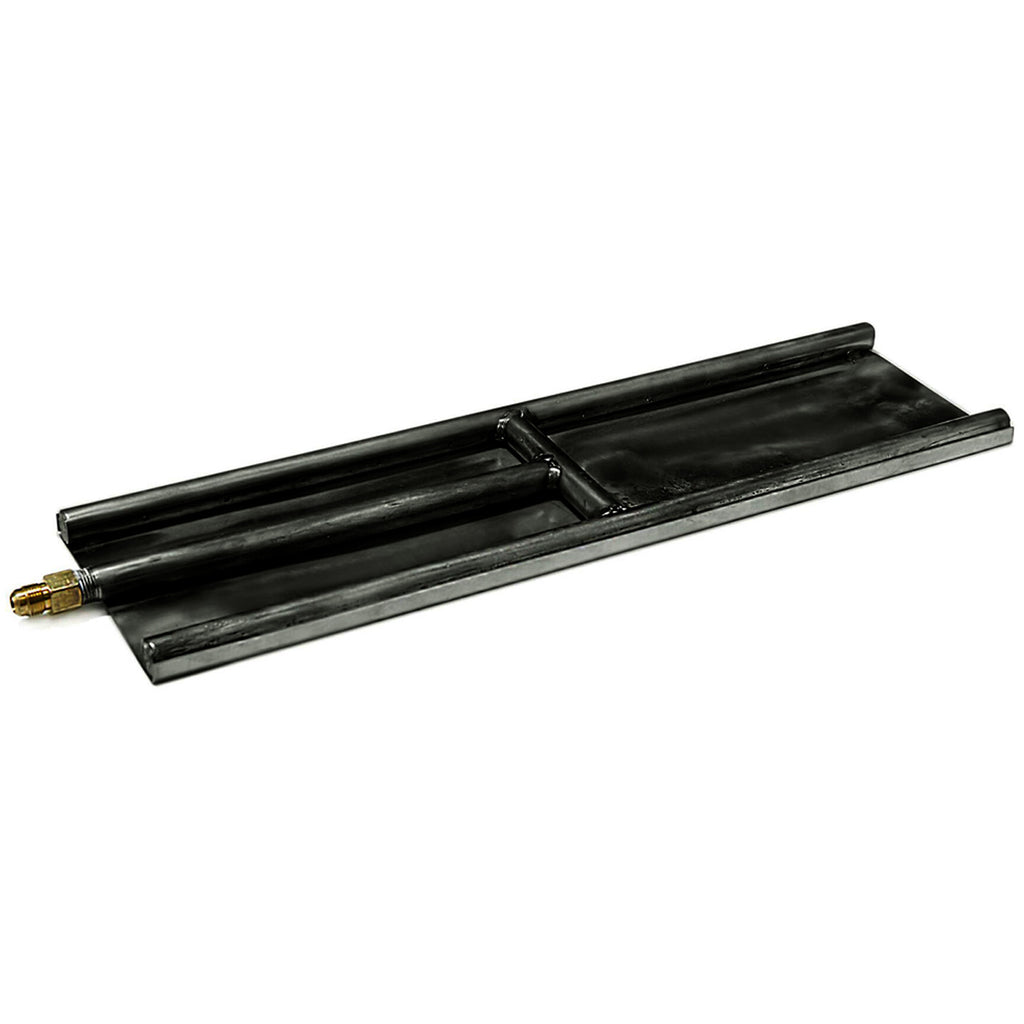 H-style indoor glass burner with black metal base and gas connection on the left
