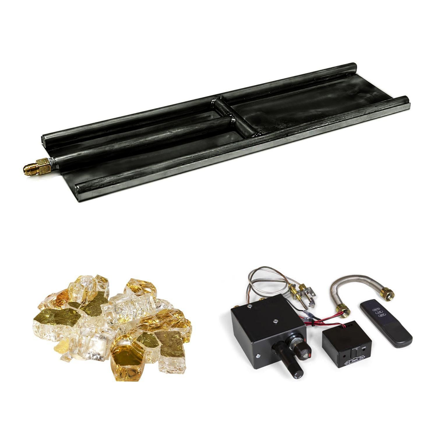 Indoor glass burner assembled H-style unit with black burner, remote, and control boxes