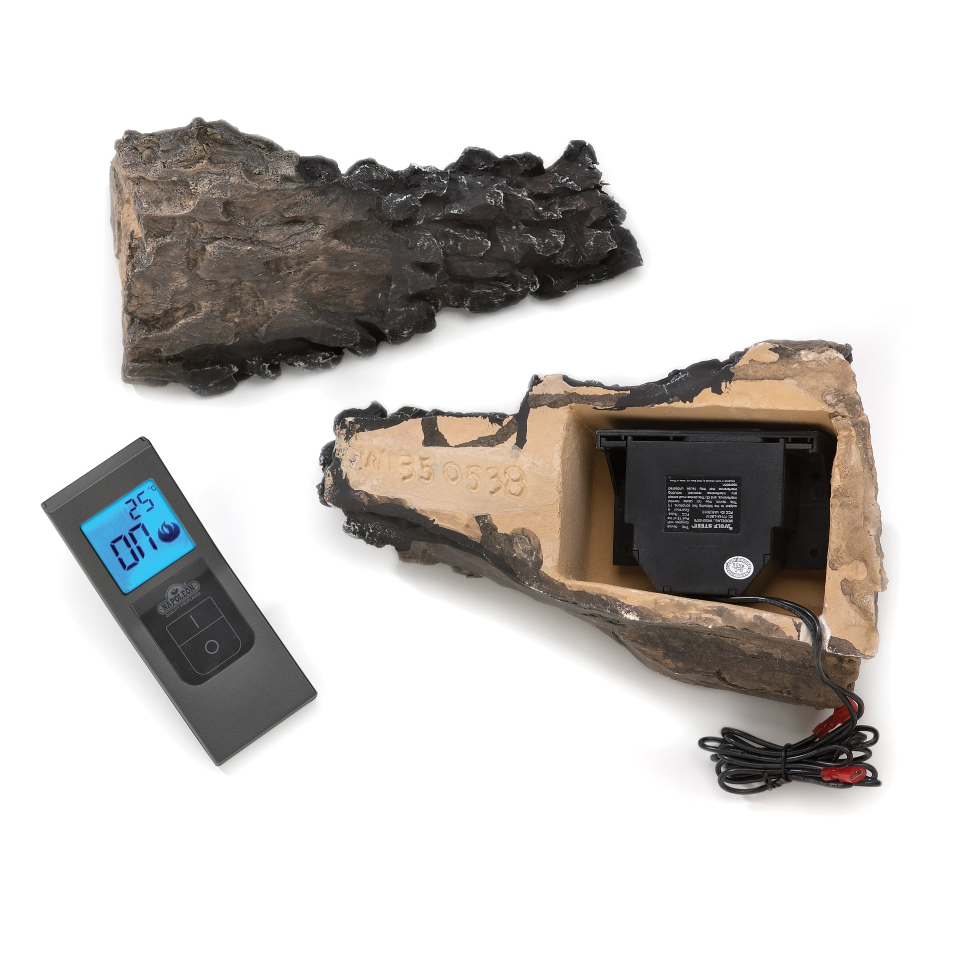 Remote control with blue LCD, faux stone housing open showing wiring and black control box