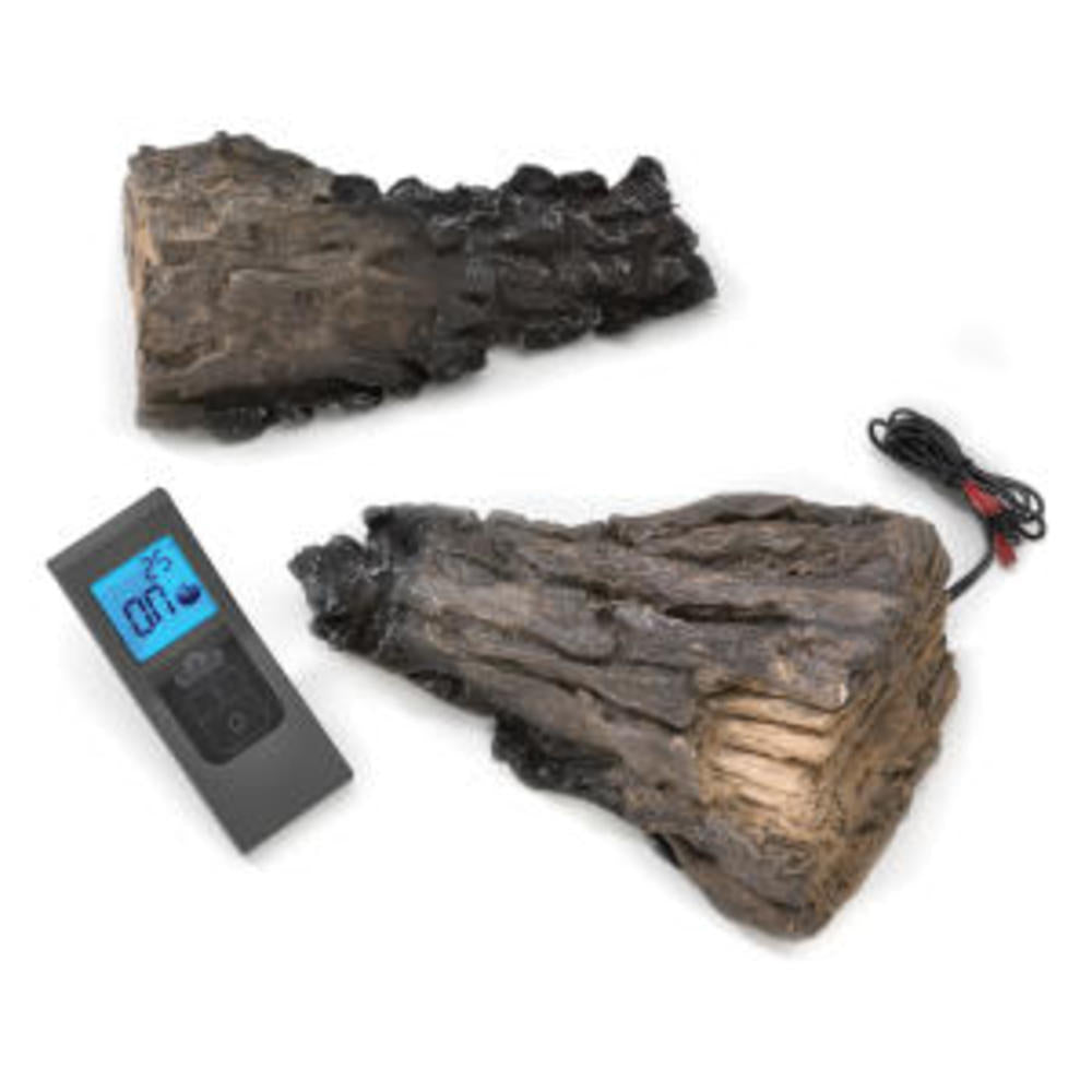 Remote control device with blue LCD screen, black wires, and textured stone case pieces