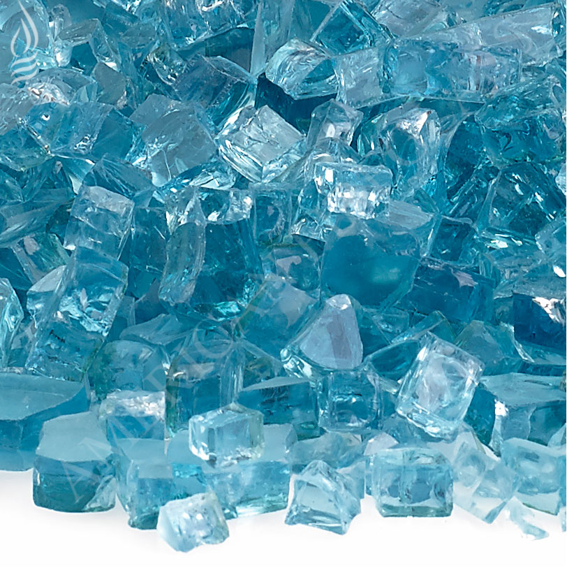 Close-up blue and green fire glass cubes with glossy translucent facets