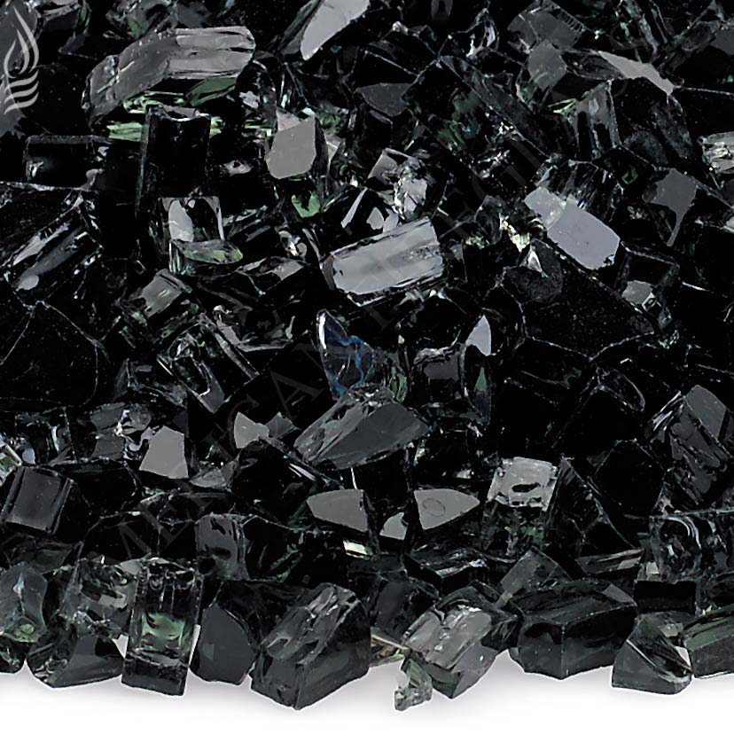 Black fire glass crystals, glossy irregular chunks close-up