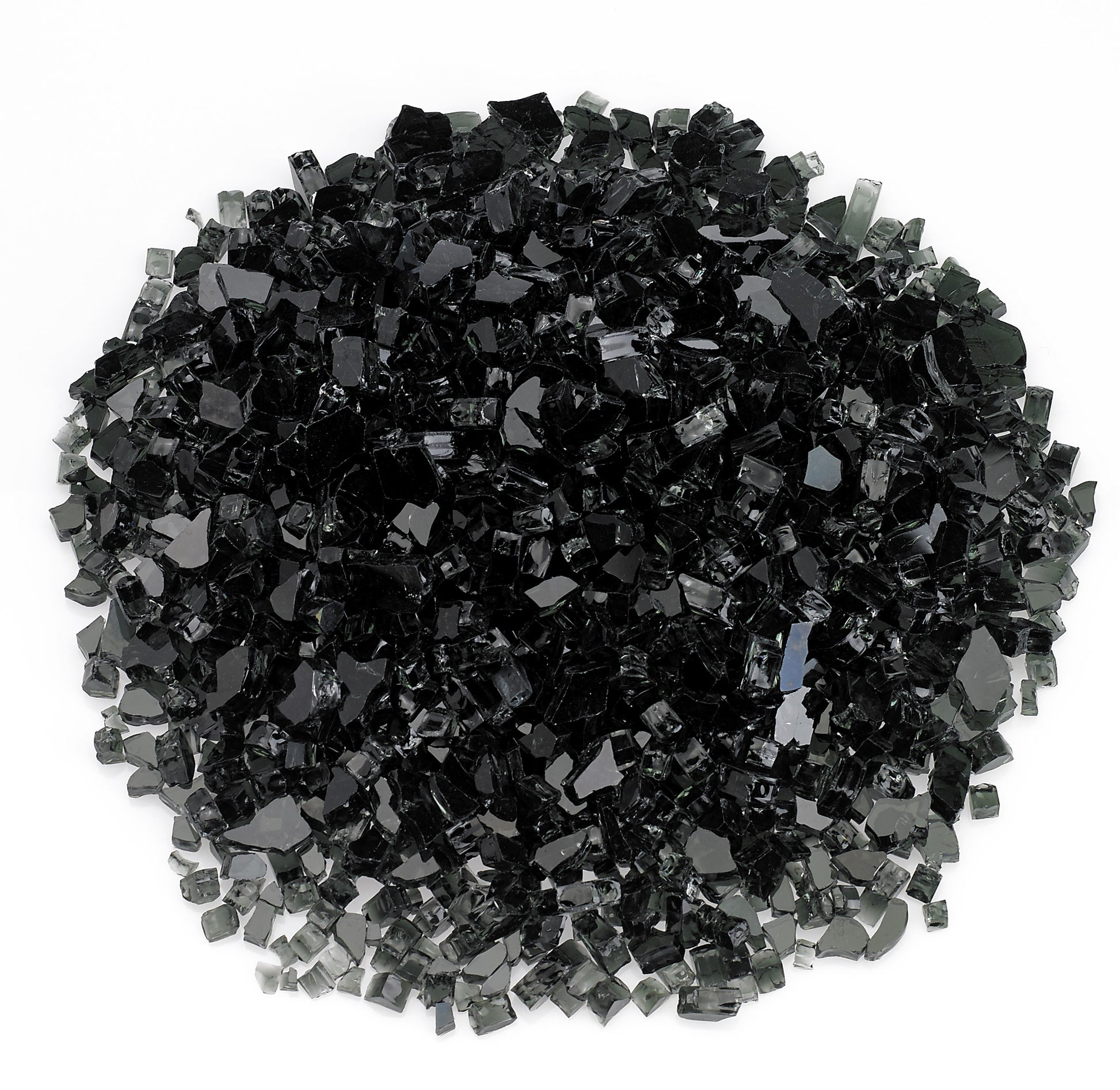 Black fire glass crystals, glossy irregular chunks in a pile