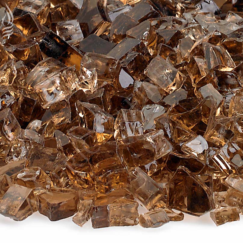 Close-up of copper-brown fire glass shards with reflective facets