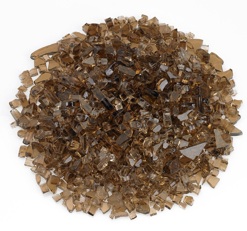 Copper fire glass, crushed brown-gold glass pieces for fire pits
