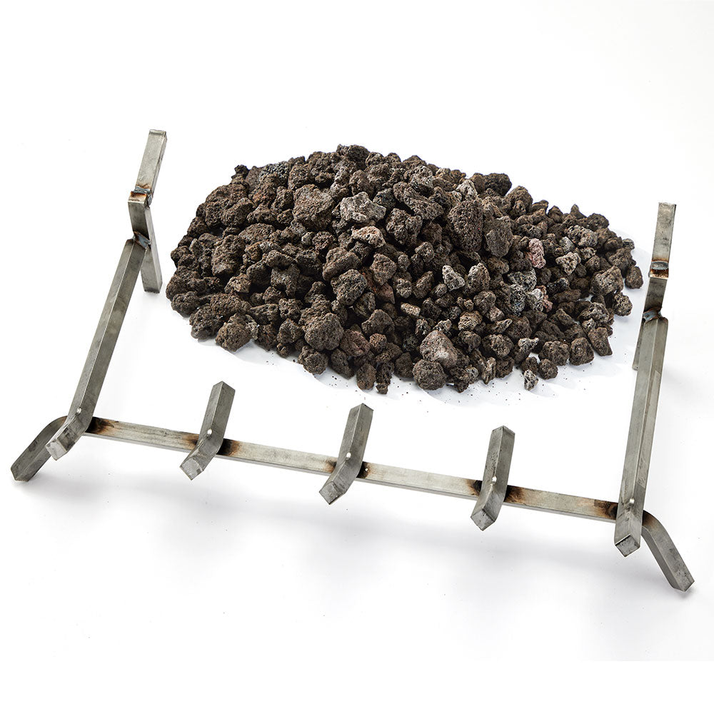 Stainless steel grate with dark lava rock for outdoor gas fireplace