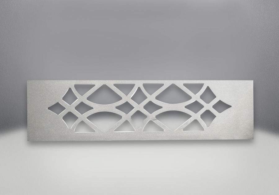 Ornamental chrome trivet with geometric lattice cutout, rectangular plate