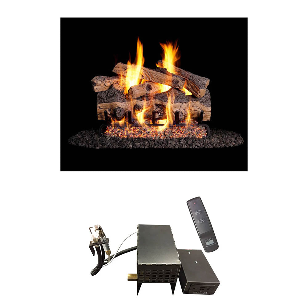 Vented gas log set with gnarled split oak logs, burner box, and remote control