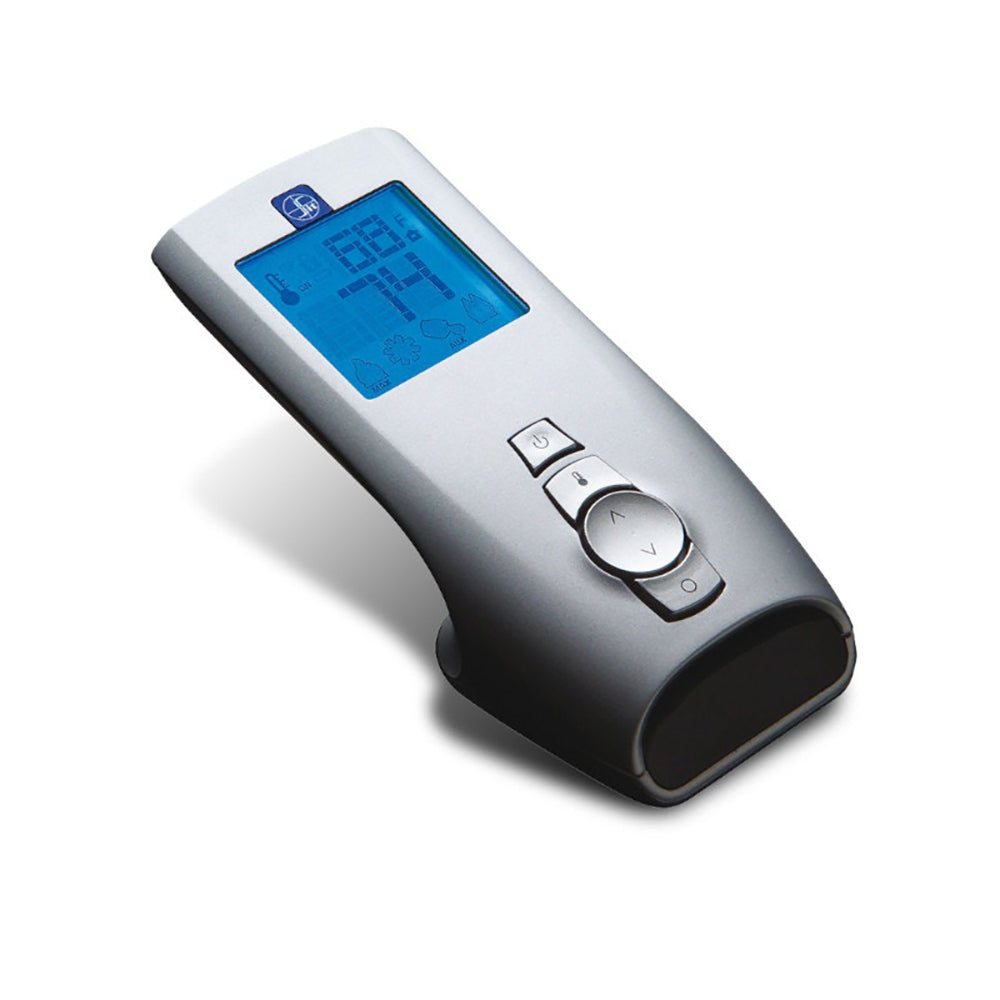 Thermostat remote control with blue LCD screen, gray body, and large control buttons