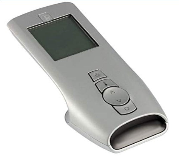 Handheld thermostat remote control, gray casing with dark LCD screen and buttons