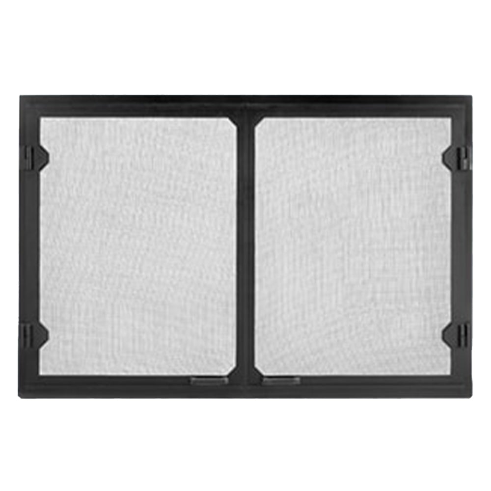 Black cabinet doors with two mesh window panels in rectangular frame