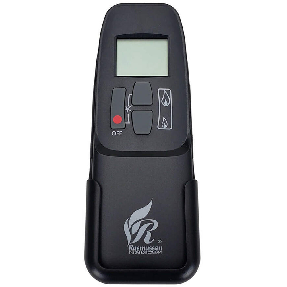 Black remote transmitter with LCD screen and button controls