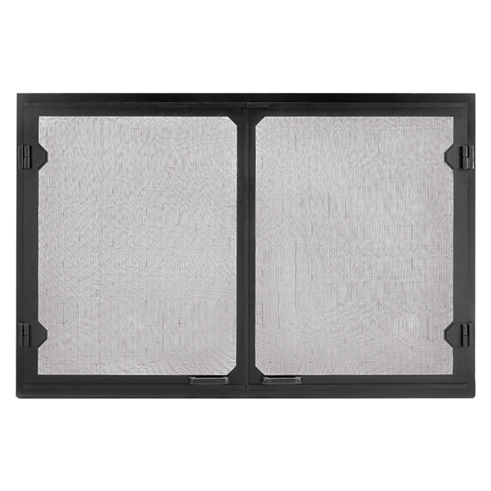 Black cabinet-style mesh doors with two hinged panels and frame