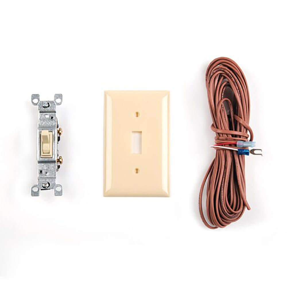 Wall-mount on/off switch kit with beige faceplate, mounting bracket, and wire bundle