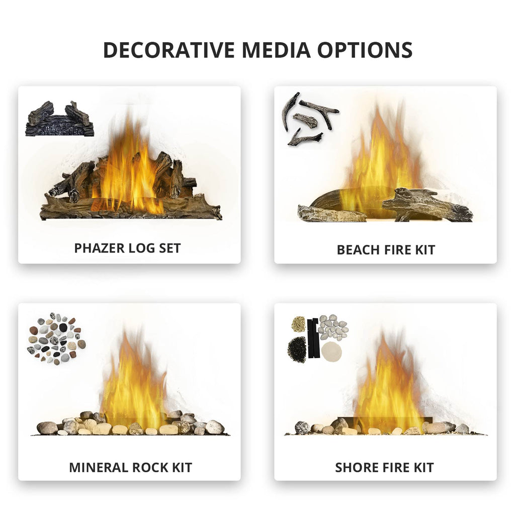 Decorative media options graphic with four flame scenes and log, rock, and fire kit tiles