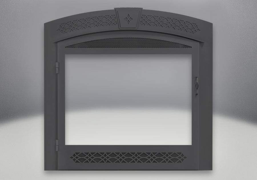 Napoleon decorative black fireplace faceplate with arched operable screen panels