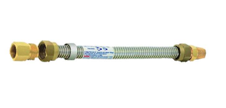 Stainless steel gas flex line with brass connectors and white label, full length