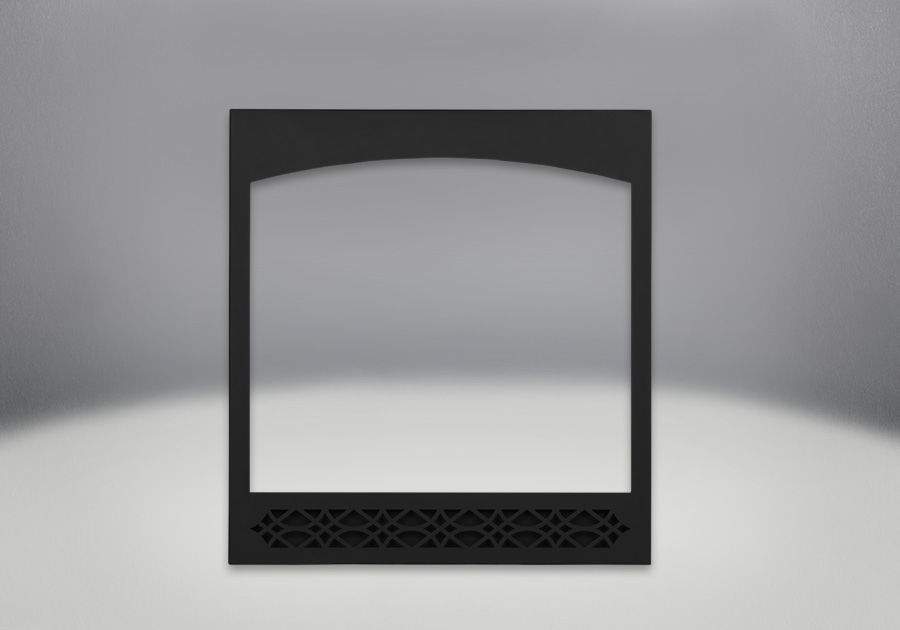 Decorative gas fireplace front, black with arched glass opening and vented grille strip