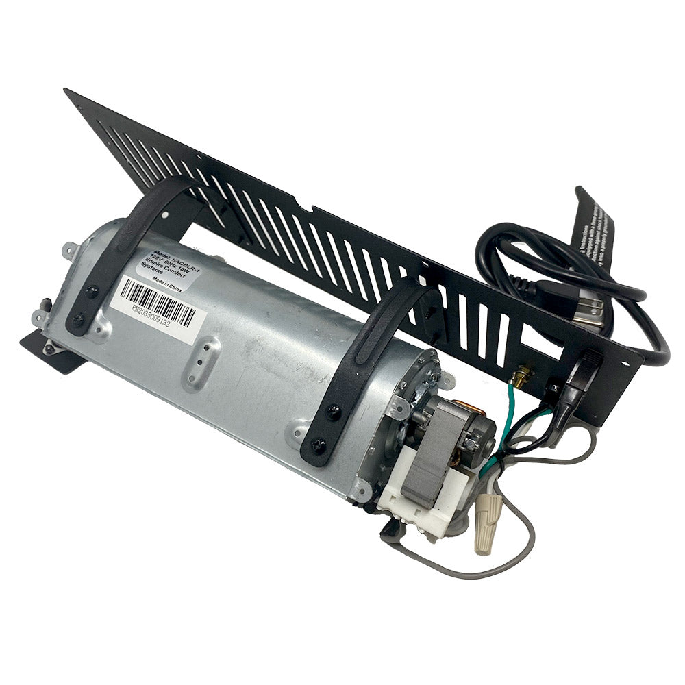 Blower kit side view with black mounting plate, fan motor, and wiring harness