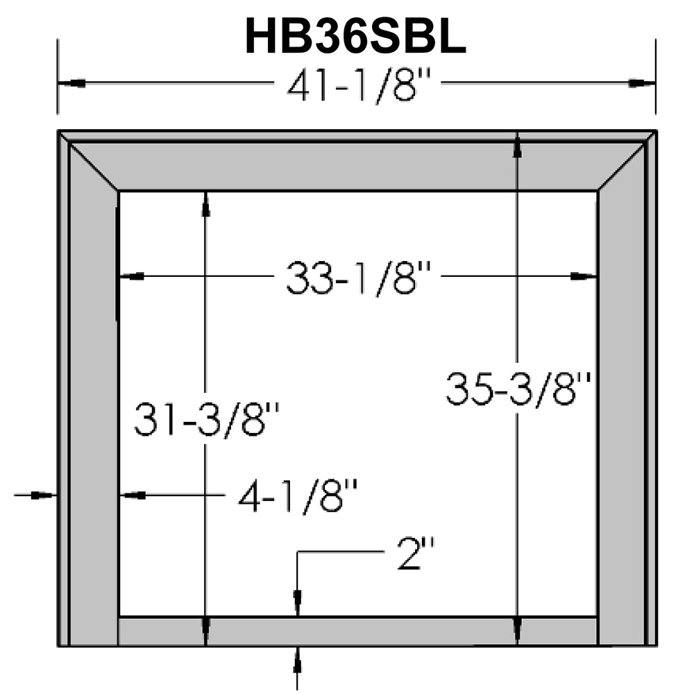 Black fireplace surround frame diagram with labeled dimensions HB36SBL
