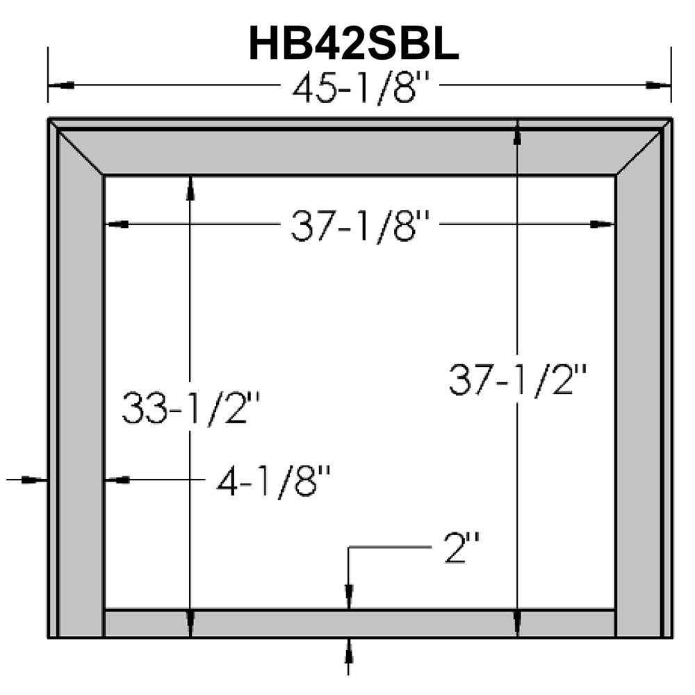 Black fireplace surround frame shown with measurement diagram