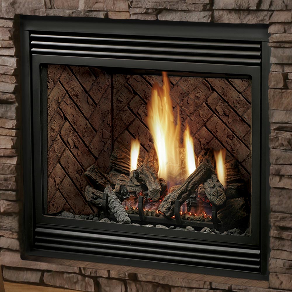 Zero clearance gas fireplace with black glass front and burning logs in firebox