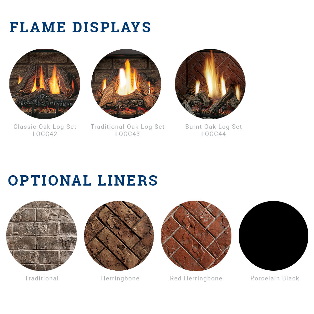 Flame displays and optional liners chart with three flame circles and four liner swatches