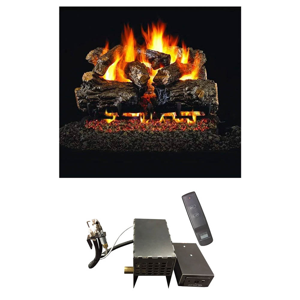 Real Fyre HCHR vented gas log set with burner, logs, and remote control