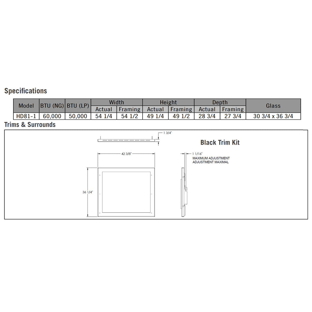 Gas fireplace specifications chart with black trim and surrounds diagram